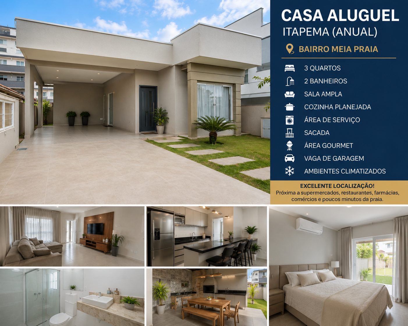 Casa aluguel Itapema anual no bairro Meia Praia com área gourmet e garagem